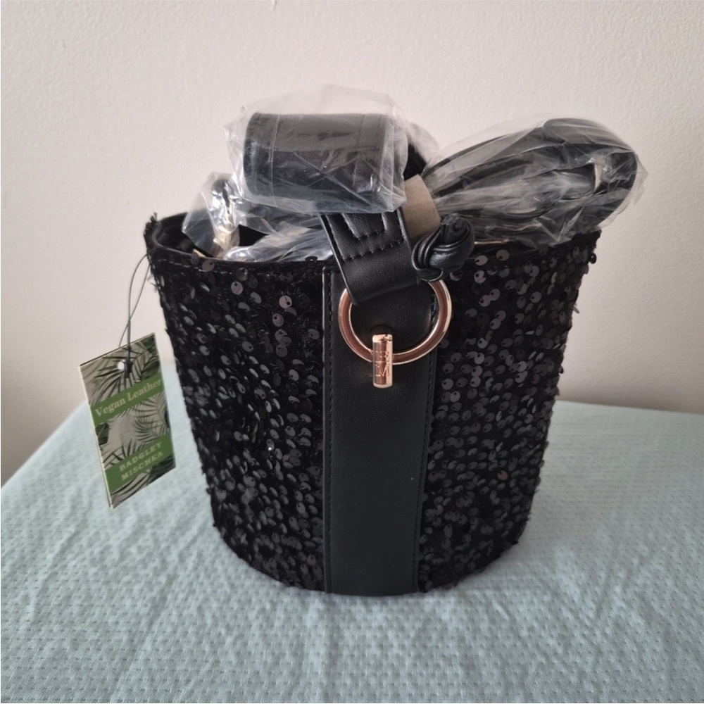 Badgley Mischka Black Sequin Bucket Bag with Gold Accents - Picture 4 of 10
